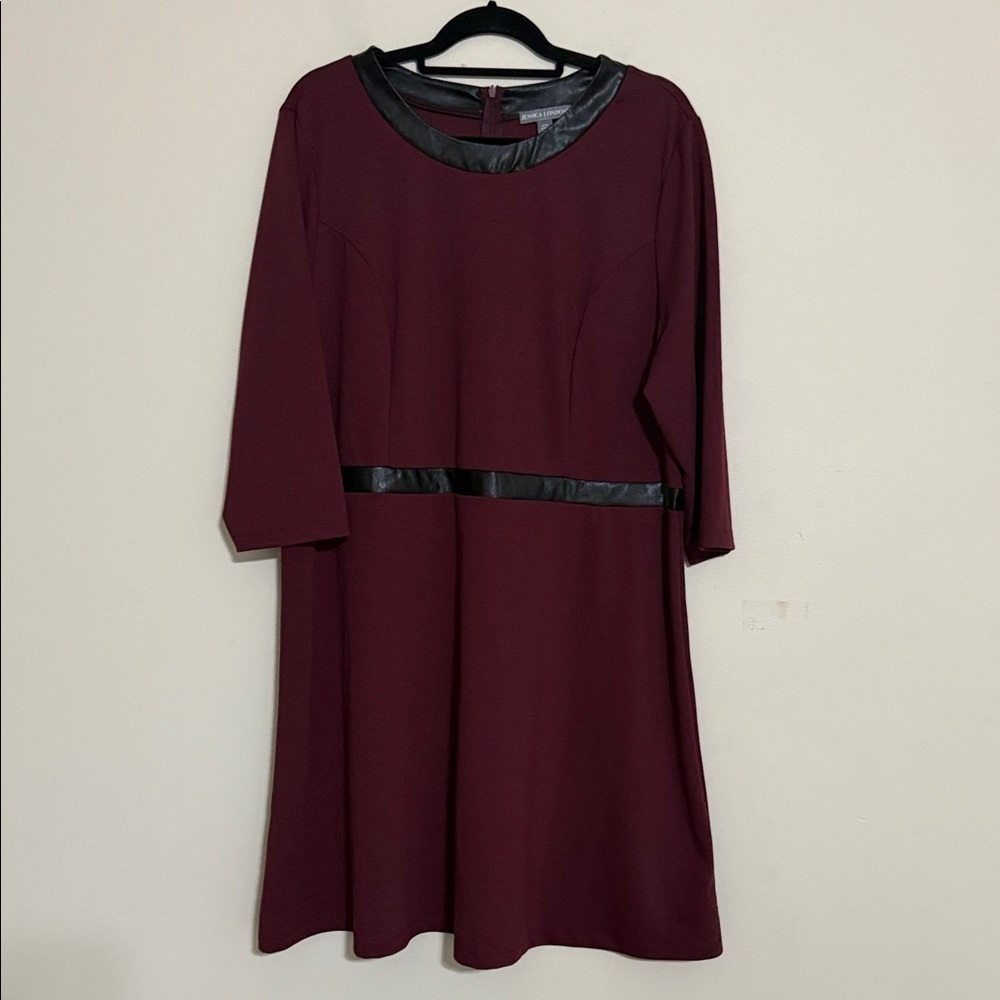 Jessica London Burgundy Dress women 20W Black vegan leather Trim casual event